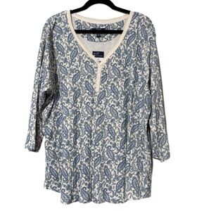 Chaps womens plus size 2X blue ivory Henley top 3/4 sleeve v-neck ribbed paisley